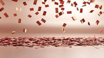 Shimmering copper confetti falls gracefully over a smooth surface, creating a festive atmosphere photo