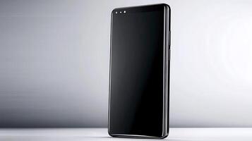 Sleek modern smartphone standing upright on a minimalist background, showcasing its design photo