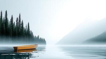 Serene wooden boat floating in misty lake surrounded by towering evergreen trees and mountains photo