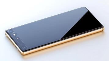 Sleek smartphone design showcasing a glossy black back with a golden edge on a minimalistic surface photo