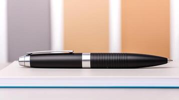 Sleek black pen resting on a notebook with a blurred background of soft pastel colors photo