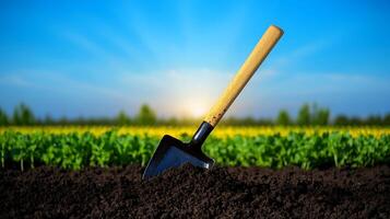 Shovel embedded in rich soil with sun rising over vibrant green field in the background photo