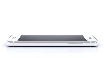 Sleek white smartphone lying flat on a reflective surface, showcasing its minimalist design photo