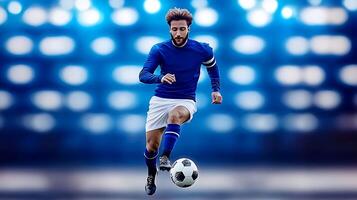 Soccer player in blue jersey dribbling a ball during a match under stadium lights photo