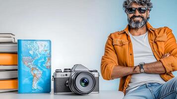 Smiling man with a camera and travel passport on a table surrounded by books in a cozy setting photo