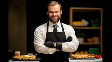 Smiling chef in black apron stands confidently behind a dessert table with assorted treats photo