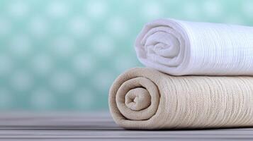 Soft, rolled towels in neutral colors on a wooden surface with a blurred pastel background photo