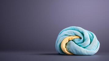 Soft, colorful fabric twisted into a knot on a smooth surface with a muted background photo
