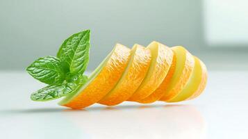 Sliced orange with mint leaves arranged creatively on a light background, showcasing freshness photo
