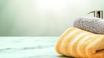 Soft towels stacked neatly on a marble countertop with a soap dispenser in a serene bathroom setting photo