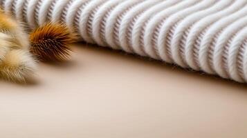 Soft textures of a cozy blanket and fluffy pom-poms on a smooth surface in a warm setting photo