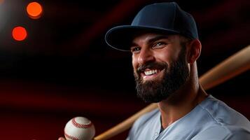 Smiling baseball player in uniform holding a bat and ball, illuminated by stadium lights photo