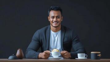 Smiling man in a stylish outfit enjoying coffee at a minimalist caf with dark background photo