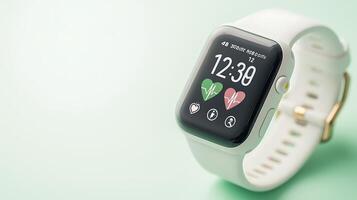 Smartwatch displaying heart rate and fitness data on a soft green background, ideal for health tracking photo