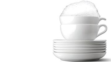 Stacked white cups with bubbles on top, placed on plates against a clean, white background photo
