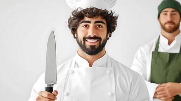 Smiling chef holding a knife in a bright kitchen with another chef in the background photo