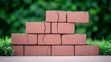 Stacked bricks with cracks and grass growing between them in a lush green garden setting photo