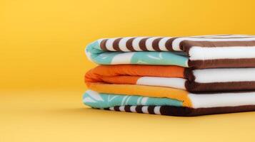 Stacked colorful beach towels on a vibrant yellow background, perfect for summer relaxation photo