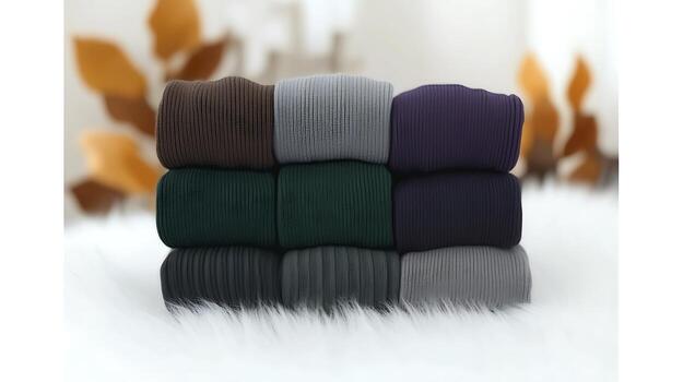 Stack of neatly folded fabric rolls in various colors resting on a soft surface with blurred background photo