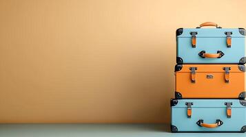 Stacked colorful vintage suitcases against a minimalist backdrop, evoking travel nostalgia photo
