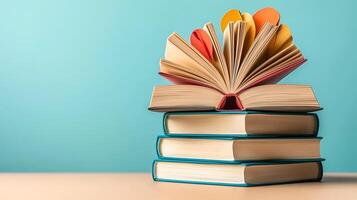 Stacked books with an open colorful book displaying vibrant pages against a soft blue background photo