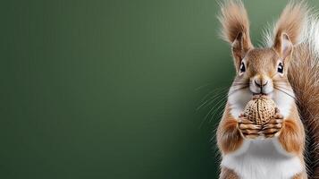 Squirrel Holding Walnut Against a Green Background with Soft Focus on Natural Elements photo