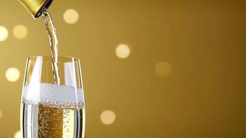Sparkling champagne being poured into a glass against a golden backdrop with bokeh lights photo