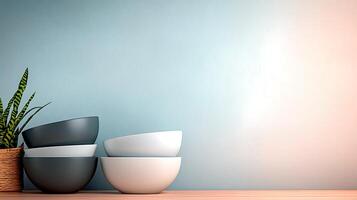 Stacked bowls in neutral colors on a wooden surface with a plant against a soft blue wall photo