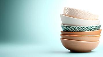 Stacked ceramic bowls in various colors and patterns against a soft gradient background photo