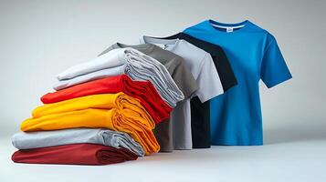 Stacked colorful t-shirts in various shades arranged neatly with a plain background photo