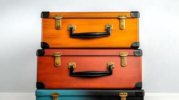 Stacked colorful vintage suitcases against a light backdrop, evoking travel nostalgia and adventure photo