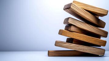 Stacked wooden blocks creating a balanced tower against a minimalist background photo