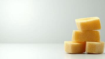 Stack of yellow sponges on a clean surface with a soft gradient background, ideal for cleaning concepts photo