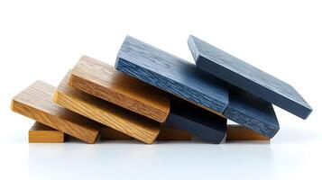 Stacked wooden blocks in various colors arranged at an angle on a white background photo