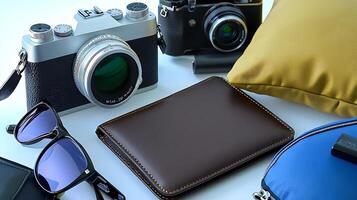 Stylish arrangement of photography gear and accessories on a soft surface with colorful cushions photo