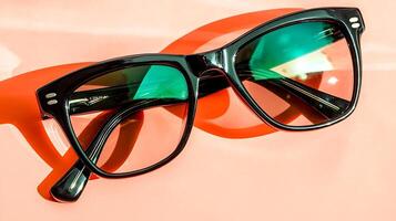 Stylish black sunglasses with green lenses resting on a vibrant coral surface, showcasing reflections photo