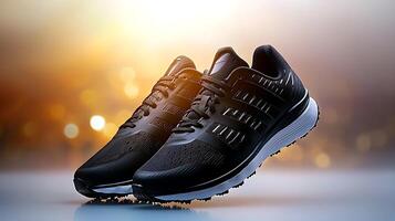 Stylish black running shoes showcased against a sparkling golden background in a dynamic setting photo