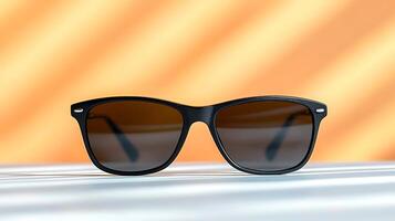 Stylish black sunglasses resting on a surface with soft shadows and a warm orange background photo