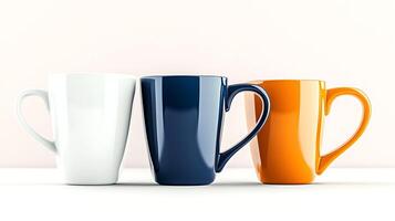 Three colorful ceramic mugs arranged neatly on a clean surface with a soft background photo