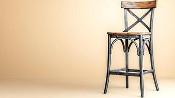 Stylish wooden bar stool against a soft beige background, ideal for modern interior design photo