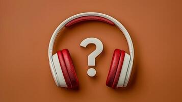 Stylish red and white headphones with a question mark on an orange background, symbolizing curiosity photo