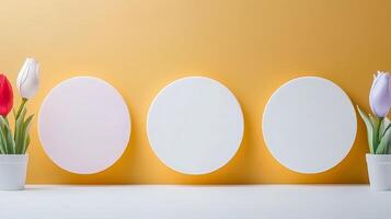 Three blank circular plates on a bright yellow background, adorned with colorful tulips in pots photo