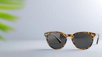 Stylish tortoiseshell sunglasses placed on a minimalist surface with soft lighting and greenery photo