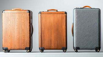 Three distinct vintage suitcases showcasing unique textures and colors against a neutral backdrop photo