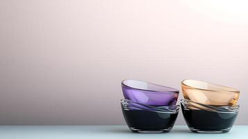 Three elegantly stacked glass bowls in vibrant colors against a soft gradient background photo
