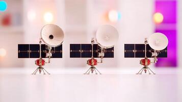 Three distinct models of satellite dishes arranged on a table, showcasing technology and design photo