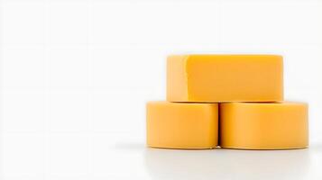 Three stacked round cheese wheels on a white background with a clean and minimalistic aesthetic photo
