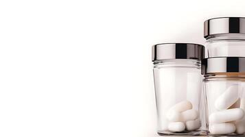 Three transparent jars filled with white capsules, elegantly arranged on a clean surface photo