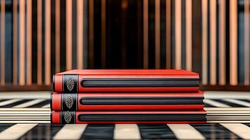 Three stacked red books on a patterned floor with a modern striped background photo