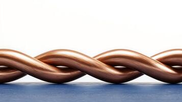 Twisted copper wire on a blue surface with a plain background highlighting its texture photo